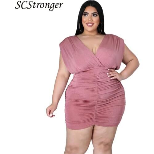 SCSTRONGER Summer Womens New Tight Fitting Sexy Solid Color Dress Pleated Fat Women Plus Size Womens Vestidos Mujer Verano