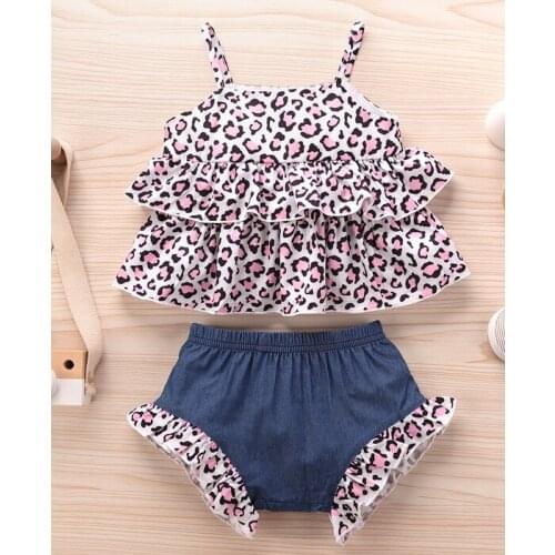 2Pcs Baby Summer Tracksuits, Leopard Print Spaghetti Straps Vest + Elastic Waist Shorts for Toddler Girls, 0-24 Months