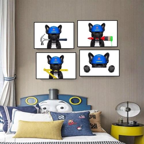 Cute Lovely Happy Bulldog Creative Engineer Canvas Painting Prints Poster Living Room kid Room Home Decor Wall Art Picture