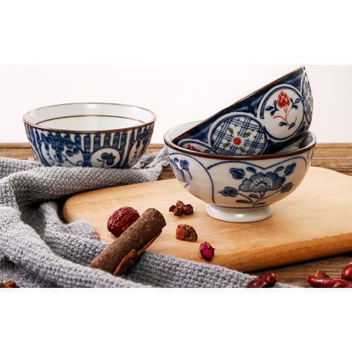 Set of 5pcs Ceramic Bowl Japanese Rice Bowl Blue Porcelain Dinner Bowl Dinnerware Set 4.5 inch