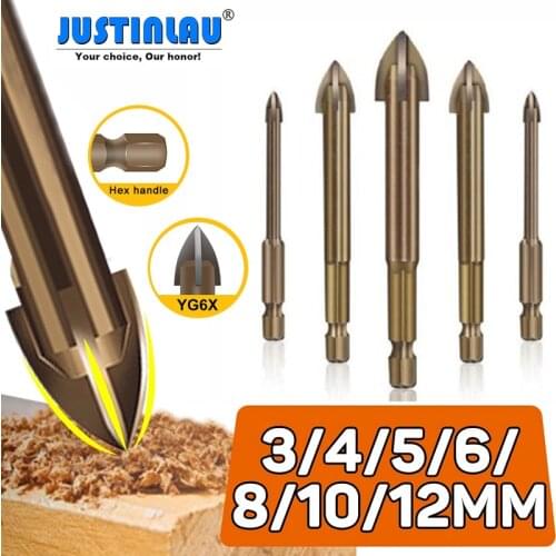 JUSTINLAU Cross Hex Tile Glass Drill Bits Set Titanium Coated Power Tools Accessories for Glass Ceramic Concrete Hole Opener