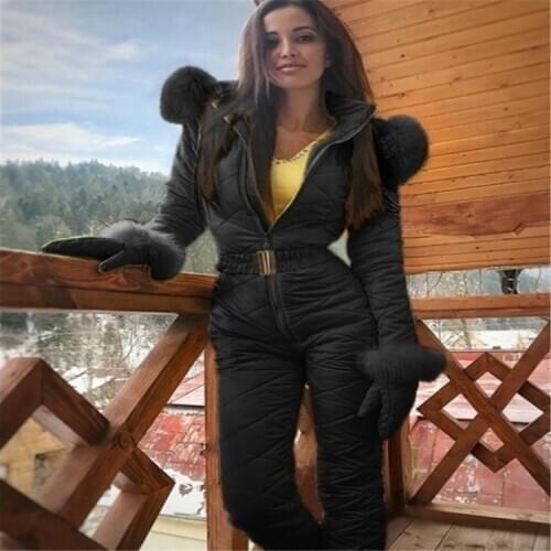 2020 New Winter Warm Snowsuit Sports Snow Ski Suits Waterproof Jumpsuit Outdoor Women Solid Color Belt Hood Leisure Time