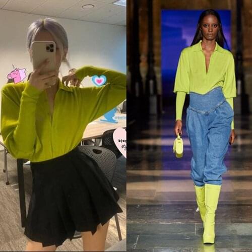Autumn and Winter Womens 2021 new Fashion Goth Women Fluorescent Lapel Low-cut Lantern Sleeves Slim Knit Women