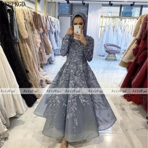 Luxury Dubai Long Sleeve Evening Dress Chic Beads Organza Muslim Women Prom Gown Plus Size Special Occasion Party Dresses Cheap