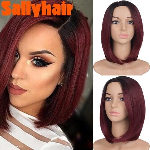 Sallyhair Ombre Wine Red Short Bob Wigs for Women Synthetic Straight Hair Wig Natural Cosplay Party Middle Part Wigs