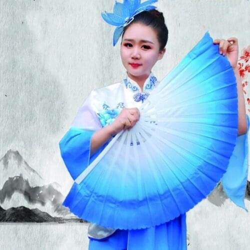 Extra Heavy Mulan Fan Belly Dance Fan of the Double-leaf Magnolia West Lake Tai Chi Gradient Blue Clouds Fan Plastic Handle