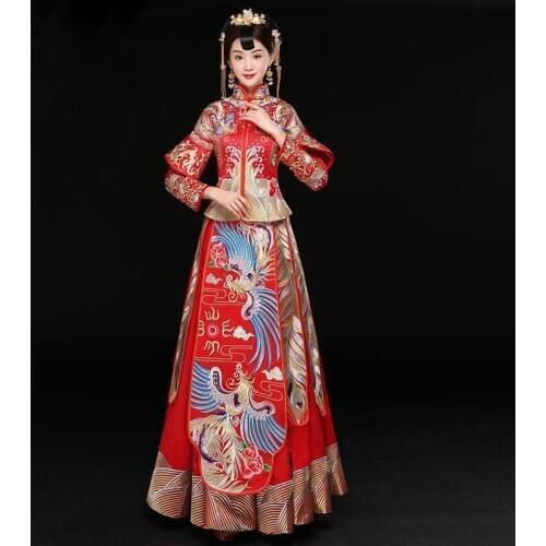 Vintage Red Bride Marry Dress Ancient embroidered phoenix royal princess costume Traditional Chinese Women Wedding Cheongsam