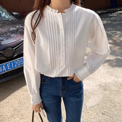 Korean white shirt women sweet ruffles blouses women temperament all-match long sleeve blouse loose pleated tops blusas mujer