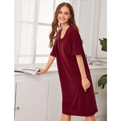 Women Short Sleeve Homewear Nightdress Nightwear Home Dressing Gown Long Nightgown Sleepwear Medium Length Casual Pyjamas
