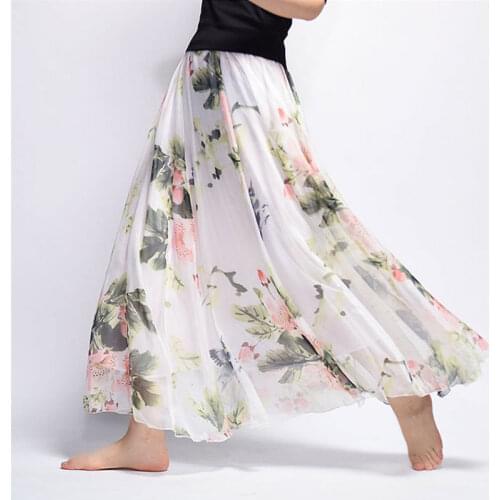 2021Women Long Printed Bust Chiffon Long Skirt Elastic High Waist Floral Skirt Mid-length Big Swing Skirt Midi Skirt