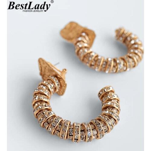 Best Lady 2020 ZA Trendy Hewn Metal Hoop Earrings for Women Vintage Crystal Shiny Drop Earrings Jewelry Party Show Wholesale INS