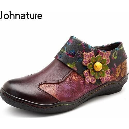 Johnature Flats Women Shoes 2020 New Autumn Genuine Leather Mixed Colors Zip Retro Round Toe Shallow Casual Flower Ladies Shoes