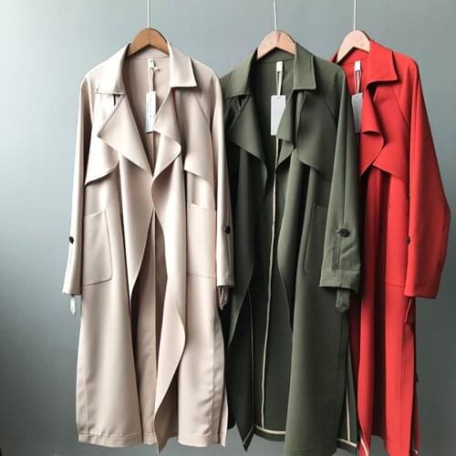 2019 New Long Women Belt Trenches Knee Length Fashion Asymmetric High Street Coats Slim Waisted Casual Trenches Midi Red