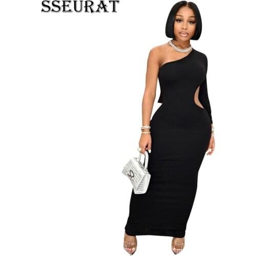 SSEURAT Women Midi Dress Solid Hole Back Hollow Out Diagonal Collar Sheath Elastic Mid Calf Dresses Sexy Night Dress Summer