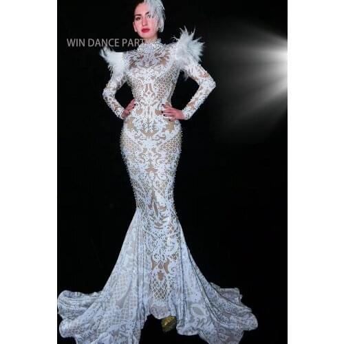 Shining Silver Rhinestone Long Train Dress Evening Costume Prom Celebrate Big Tail Dresses Women Party Wear Dress