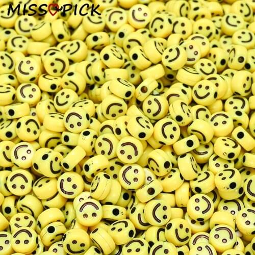 100pcs Acrylic Beads Round Flat Yellow Smiley Face Loose Spacer Beads for Jewelry Making DIY Bracelet Accessories Wholesale