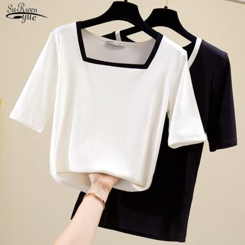 2021 Summer Elegant Women Square Collar Short Sleeve Shirt Korean Cotton T-shirt Causal Vintage Shirts Ladies Tops White 13390