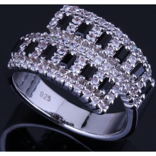 Glaring Black Cubic Zirconia White CZ Silver Plated Ring V0668