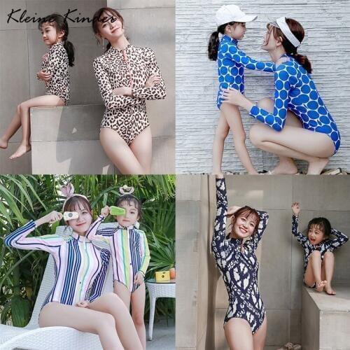 One Piece Swimsuit for Girls Women Long Sleeve Rashguard Womens Swimwear Leopard Kids Bathing Clothes Swimming Suit Beach Wear