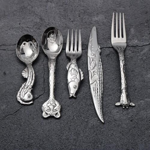 Exported to Germany Small Animals 304 Stainless Steel Baby Spoon Training Children Eating Spoon Noodle Fork Student Cartoon Gift