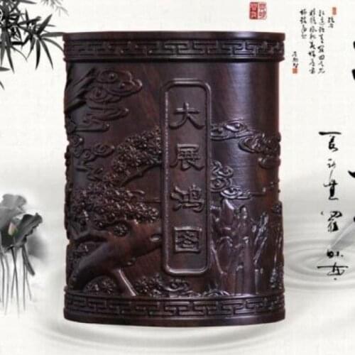 China Solid wood carving eagle spread your wings and fly Brush Pot Pencil Vase pen container
