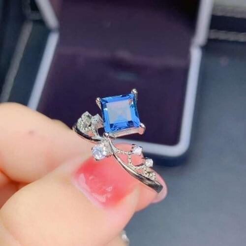 Elegant cute square 6*6mm Natural blue topaz gem Ring Natural gemstone ring S925 silver women party girl gift fine Jewelry