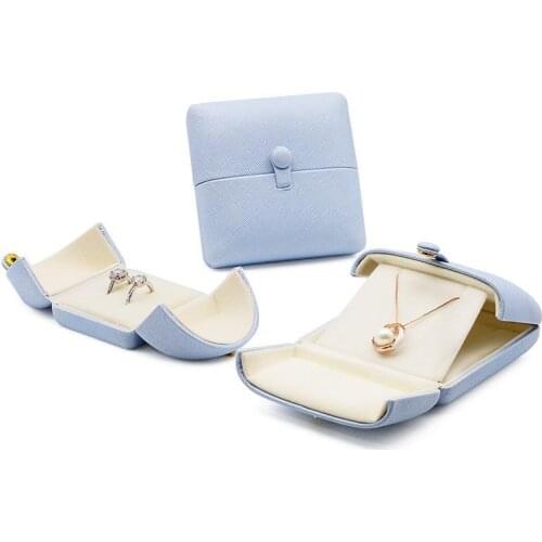 Sky Blue Pu Mesh Leather Double Opening Snap Button Jewelry Packaging Gift Box Ring Necklace Storage Box Bracelet Earring Box