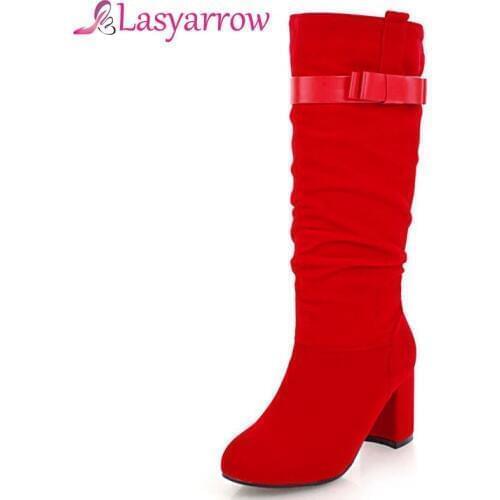 Lasyarrow Mid Calf Boots Ladies Knight Boots Slip On Pleated Butterfly-knot Half Boots Plus Size 31-43 Black Blue Red Shoes F518