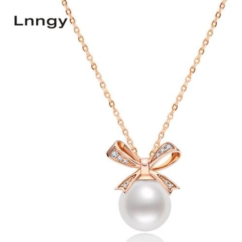 Lnngy Lnngy18K Rose Gold 9.5-10mm Genuine Freshwater Pearl Pendant Necklace for Women with 18" Chain (Sterling Silver)