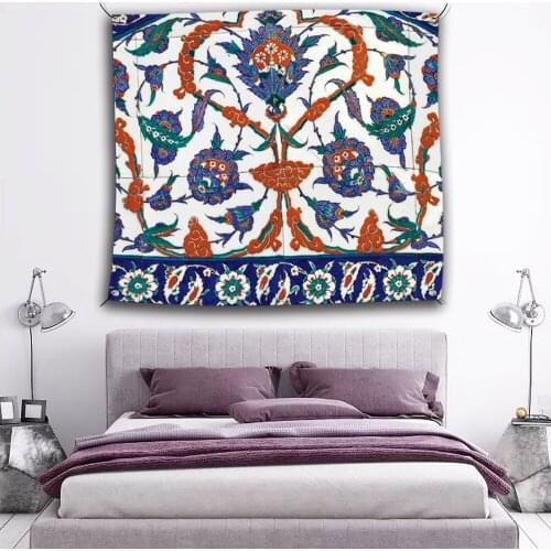 QSUM Mexican Decor Tapestry Talavera Ceramic Tile Art Flowers and Leaves Design Symmetrical Beauty Tapestries Wall Hanging Art