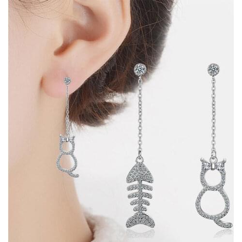 925 Sterling Silver Cute Asymmetric Mosaic Zirconia Cat Fish Long Tassel Earrings for Women Statement Jewelry S-E390