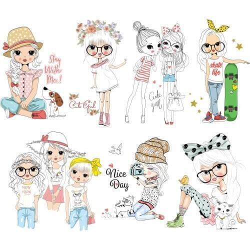 Fashion Girl Patches Iron on Transfer Patches for Clothing Cartoon Girl Heat Transfer Stickers on Clothes for T-shirts Appliques