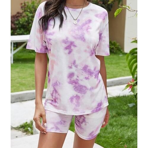 Fashion Tie-dye Gradient Casual Loose Ladies Summer Two-piece Sports Round Neck Pullover Short-sleeved T-shirt + Tight Shorts