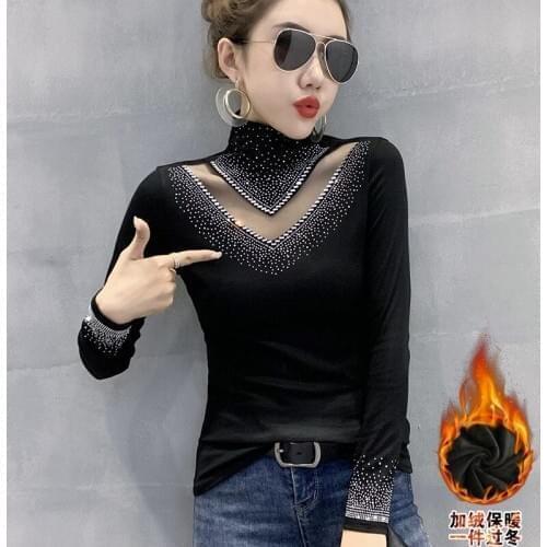 2020 New Women Shirts Plus Size Cotton Full Diamonds Solid Tops Shirts Turtleneck Office Lady Elehant Party Sexy Winter Shirts