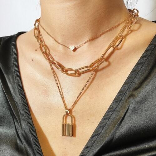 2021 latest fashion trend exaggerated lock shape love hip hop punk multilayer necklace fashion all-match item wholesale