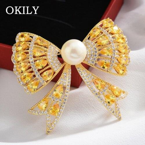 New AAA Yellow and Purple Zirconia Bowknot Brooch with Imitation Pearl Pin and Brooch Gifts for Women Christmas Jewelry Brooches
