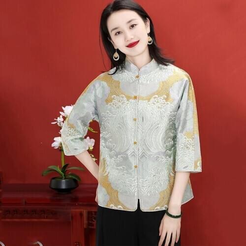 Chinese Style Womens Spring And Autumn Retro Exquisite Embroidery Loose Stand-Up Collar Three Quarter Sleeve Coat M-2XL