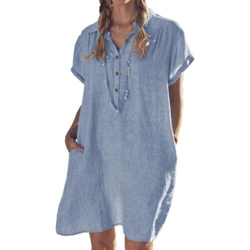 Elegant Solid Color Shirt Dress Women Summer Solid Color Pockets Sundress Short Sleeve Lapel Buttons Dress Casual Ladies Vestido