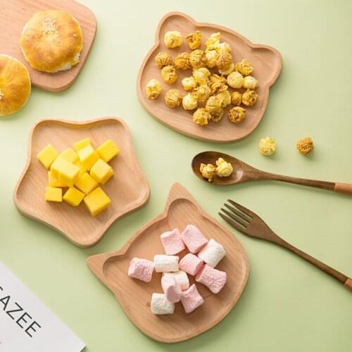 Natural Beech Cartoon Food Tray Wooden Cup Breakfast Plate Large Solid Wood Tableware Cake Snack Fruit Tray Safe baby Food Bowl