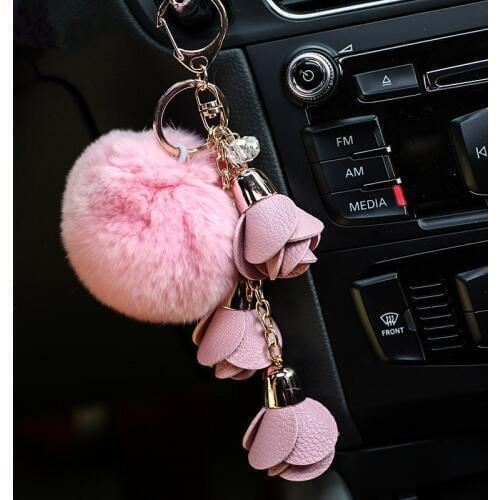 Luxury purse charm pendant flower dIY rabbit fur pom pom ball leather tassels jewelry making Keyring key chains for car keys