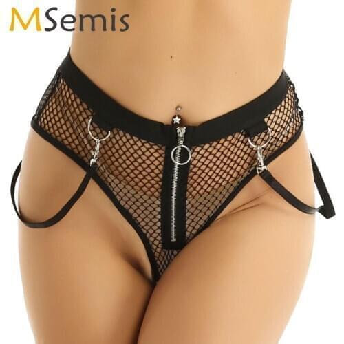 Womens Transparent Panties Sexy Hollow Out Sheer Mesh Booty Shorts Club Pole Dance Cheeky Briefs Zipper Crotch G-String Lingerie