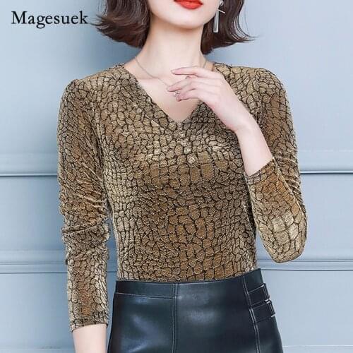 Sexy Bright Silk 2021 Autumn Winter Women New Tops Womens Leopard V-neck Long Sleeve T-shirt Elegant Slim Blouses Blusas 16730