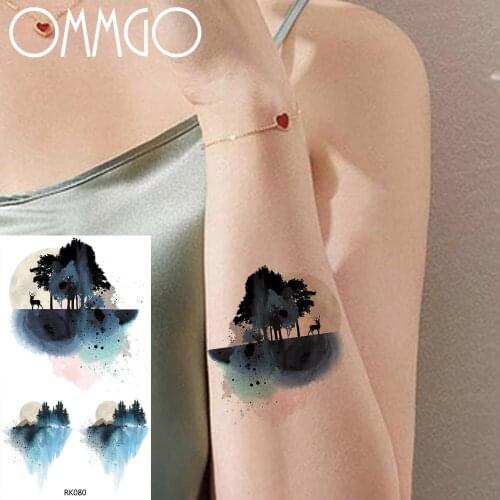 OMMGO Lost Deer Art Temporary Tattoos Sticker Small Watercolor Forest Tree Elk Fake Tattoo For Kids Women Custom Tatoos Body Arm