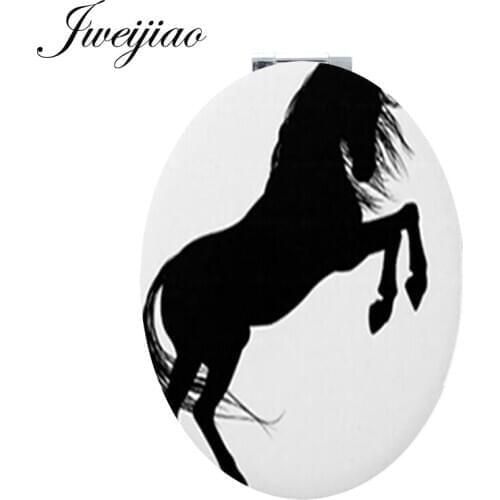 Youhaken black and white Horse silhouette Beauty Oval HealthHand pocket mirror vintage horseback PU leather game Mirrors N978