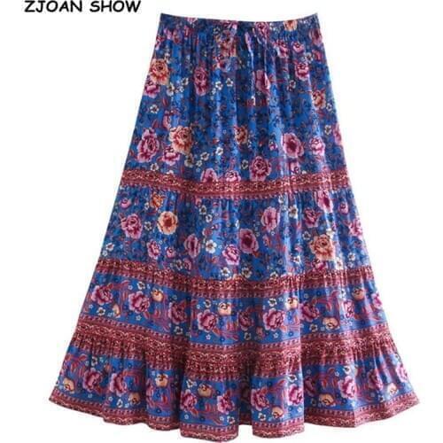 Blue green Bohemian Flower Print Long Skirt Stitching Ruched Ruffle Hem Holiday Women Adjust Stream Waist Swing Skirts Beach