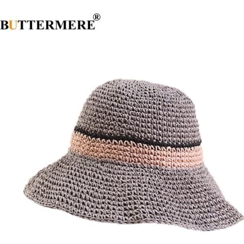 BUTTERMERE Womens Summer Bucket Hats Straw Patchwork Fishing Cap Female Elegant Grey Pink Folding Ladies Crochet Sun Hat Fashion