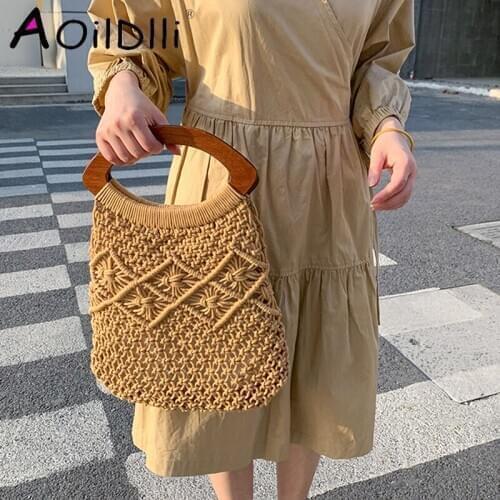 Vintage wooden handle rattan women handbags wicker woven hollow lady large totes casual summer beach straw bag travel big purses