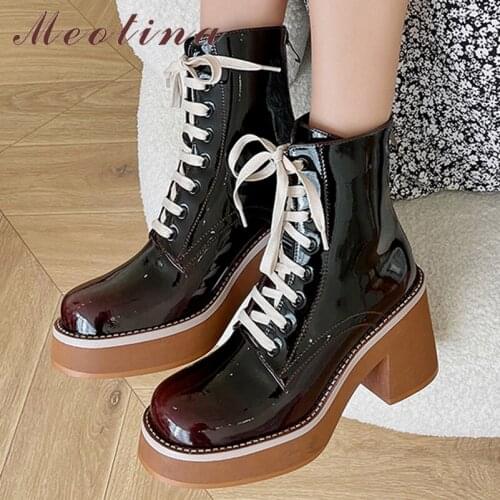 Meotina Genuine Leather Ankle Shoes Women Platform Thick High Heel Boots Round Toe Zipper Lady Motorcycle Boots Autumn Winter 41