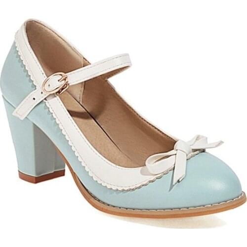 2021 Spring Mary Janes Women Shoes Butterfly Knot Thick Heel Leather Shoes Woman Pumps Large Size