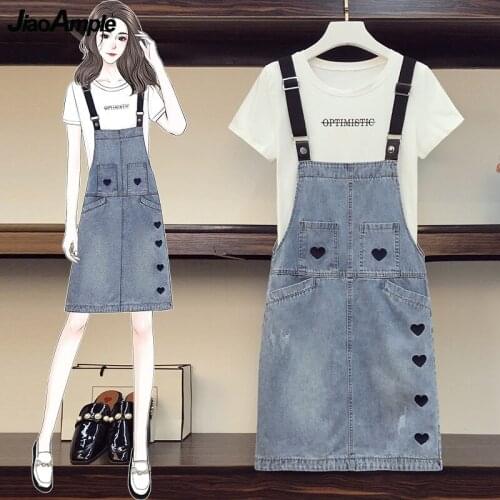Womens Plus Size Casual Skirts Tops Suit Summer 2021 Girls Student Heart Denim Overalls Letter T Shirts Sets Fashion Streetwear